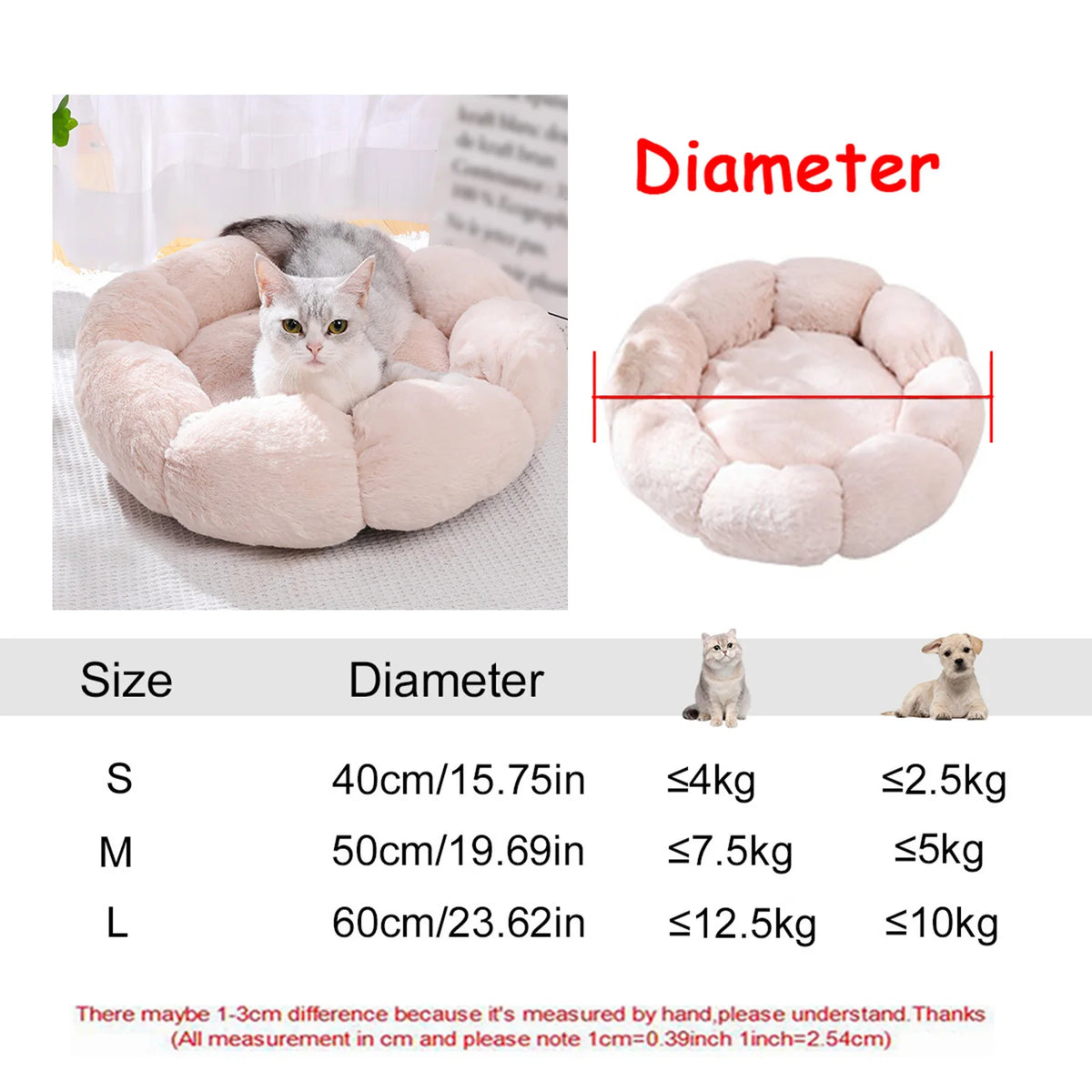 Round Plush Pet Bed - Soft Sleeping Den for Cats & Dogs, 6 Sizes