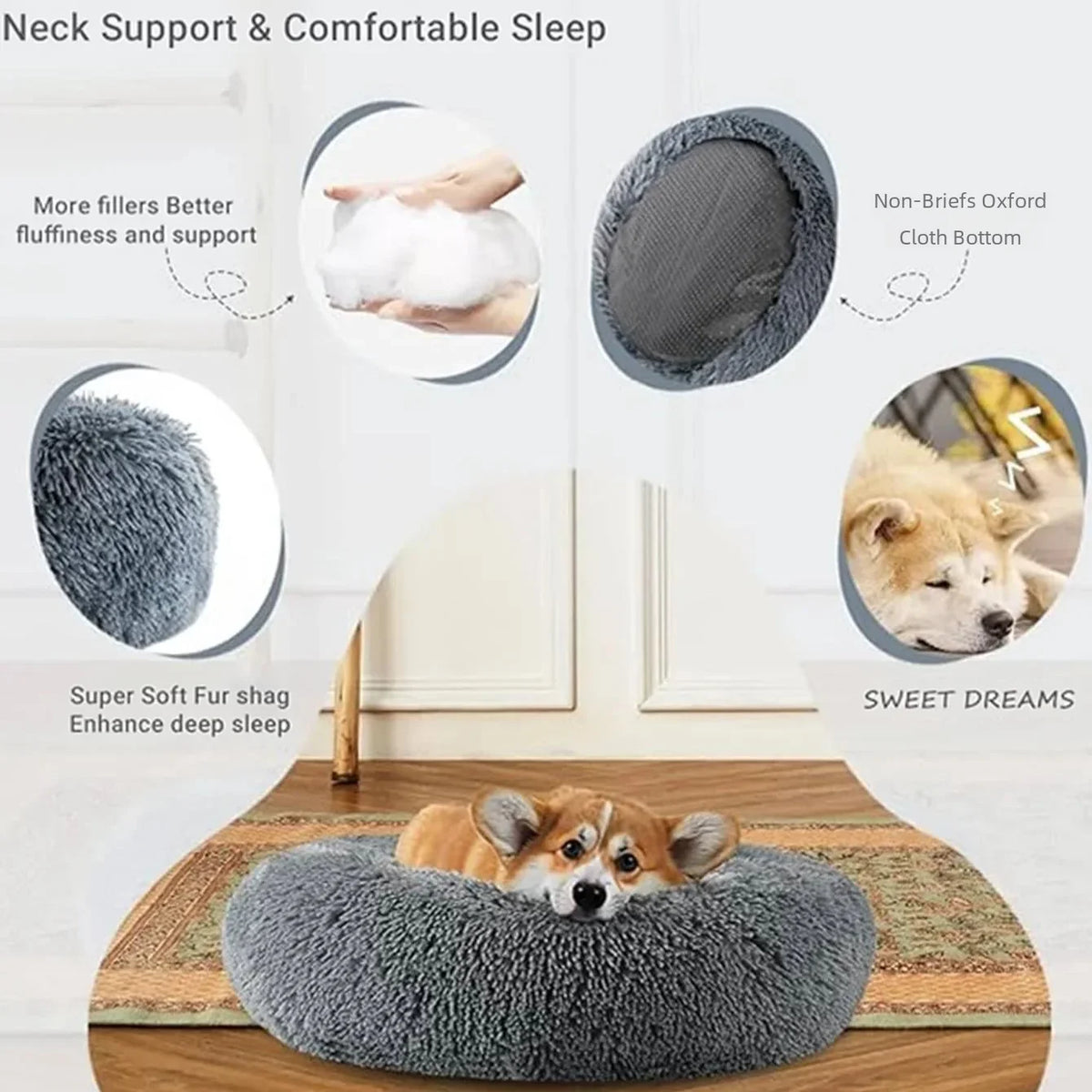 Round Plush Pet Bed - Soft Sleeping Den for Cats & Dogs, 6 Sizes