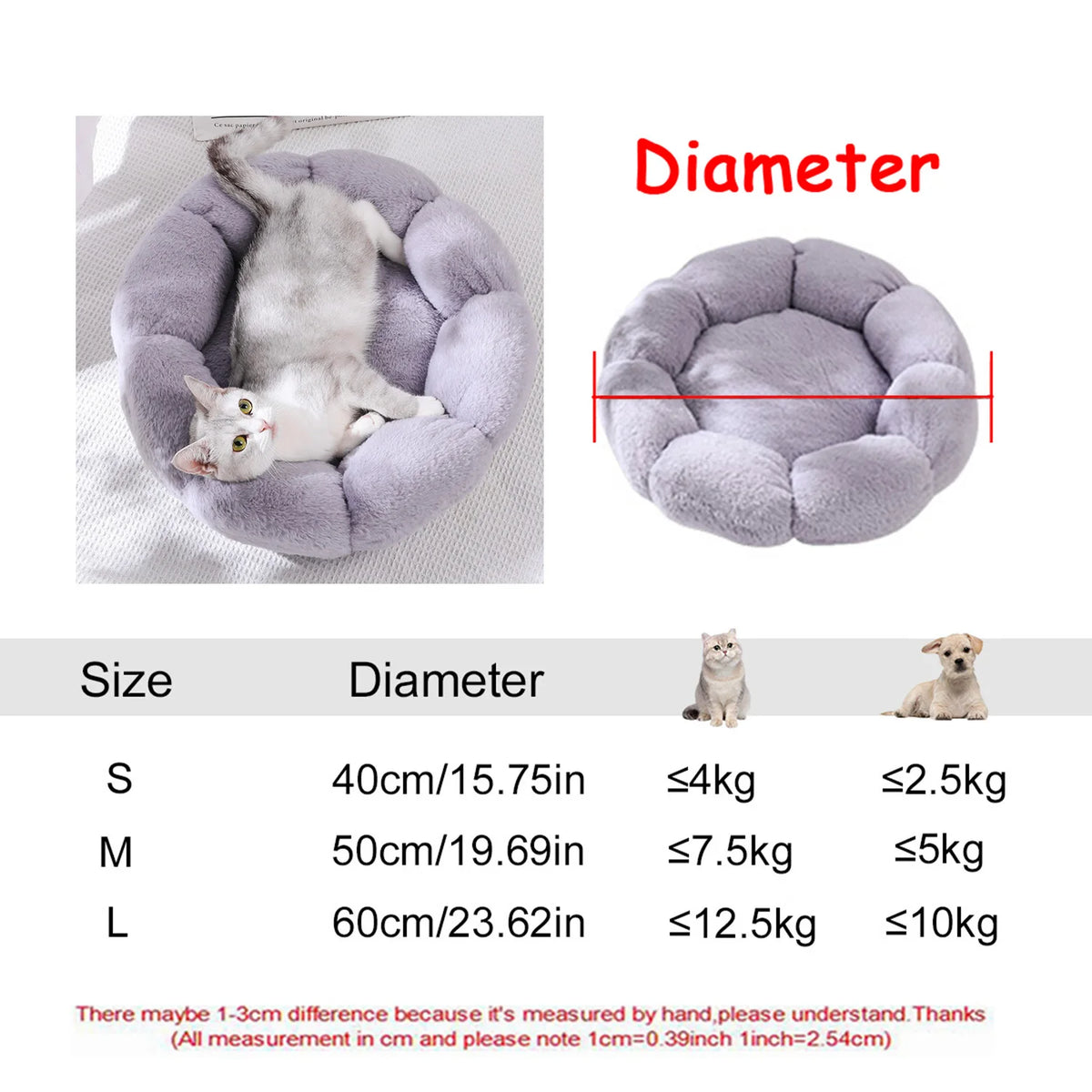 Round Plush Pet Bed - Soft Sleeping Den for Cats & Dogs, 6 Sizes