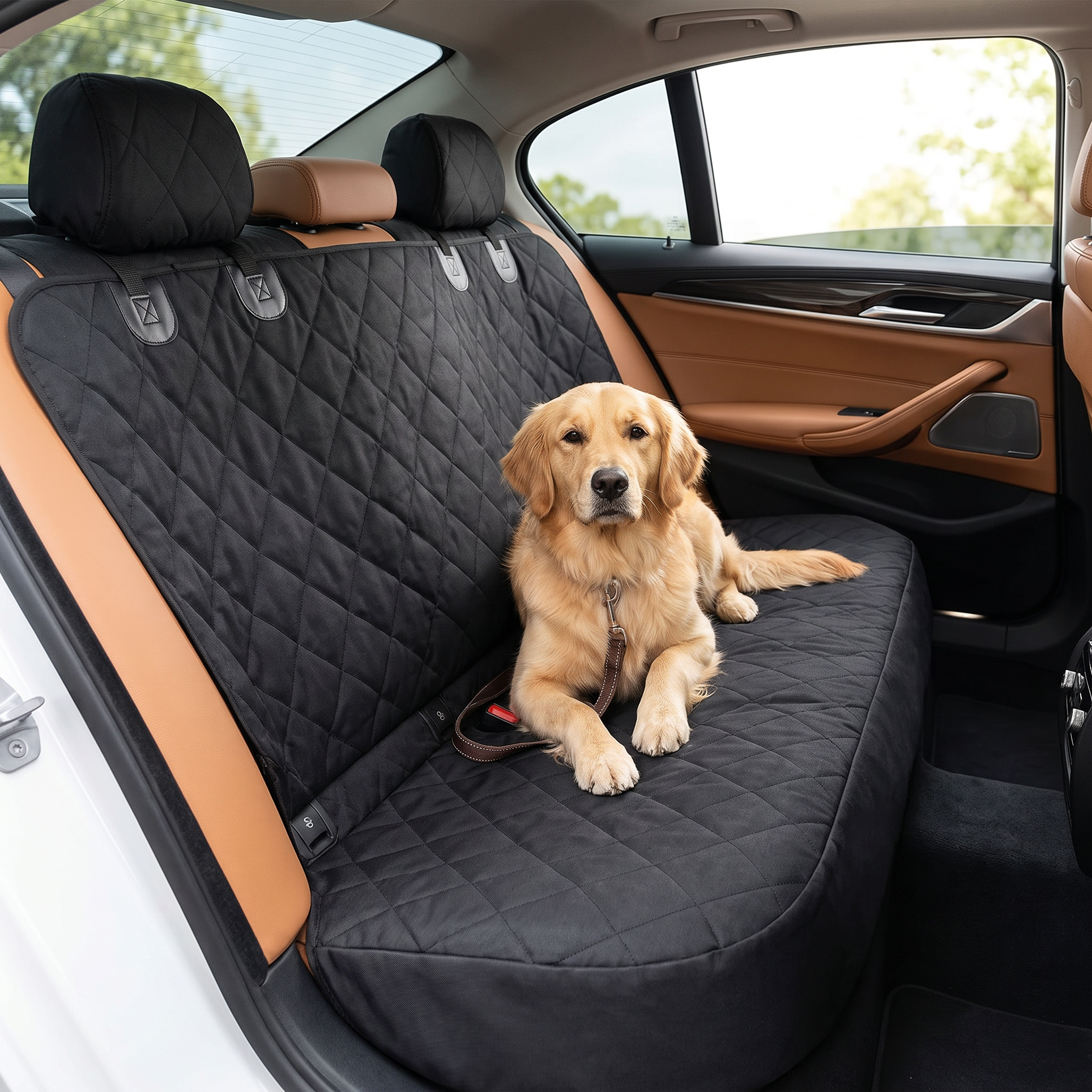 Waterproof dog car seat cover fitted on a car back seat