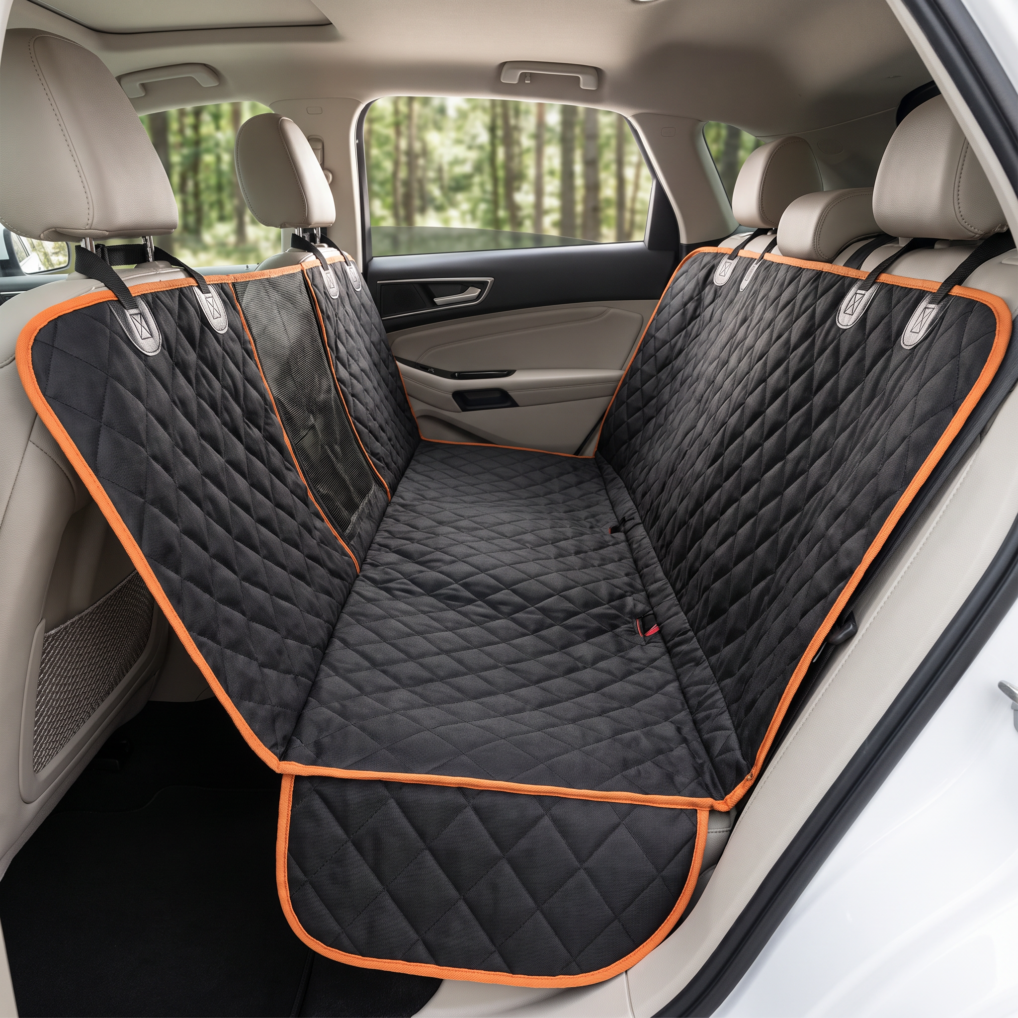 Hammock-style waterproof dog car seat cover installed across a back seat