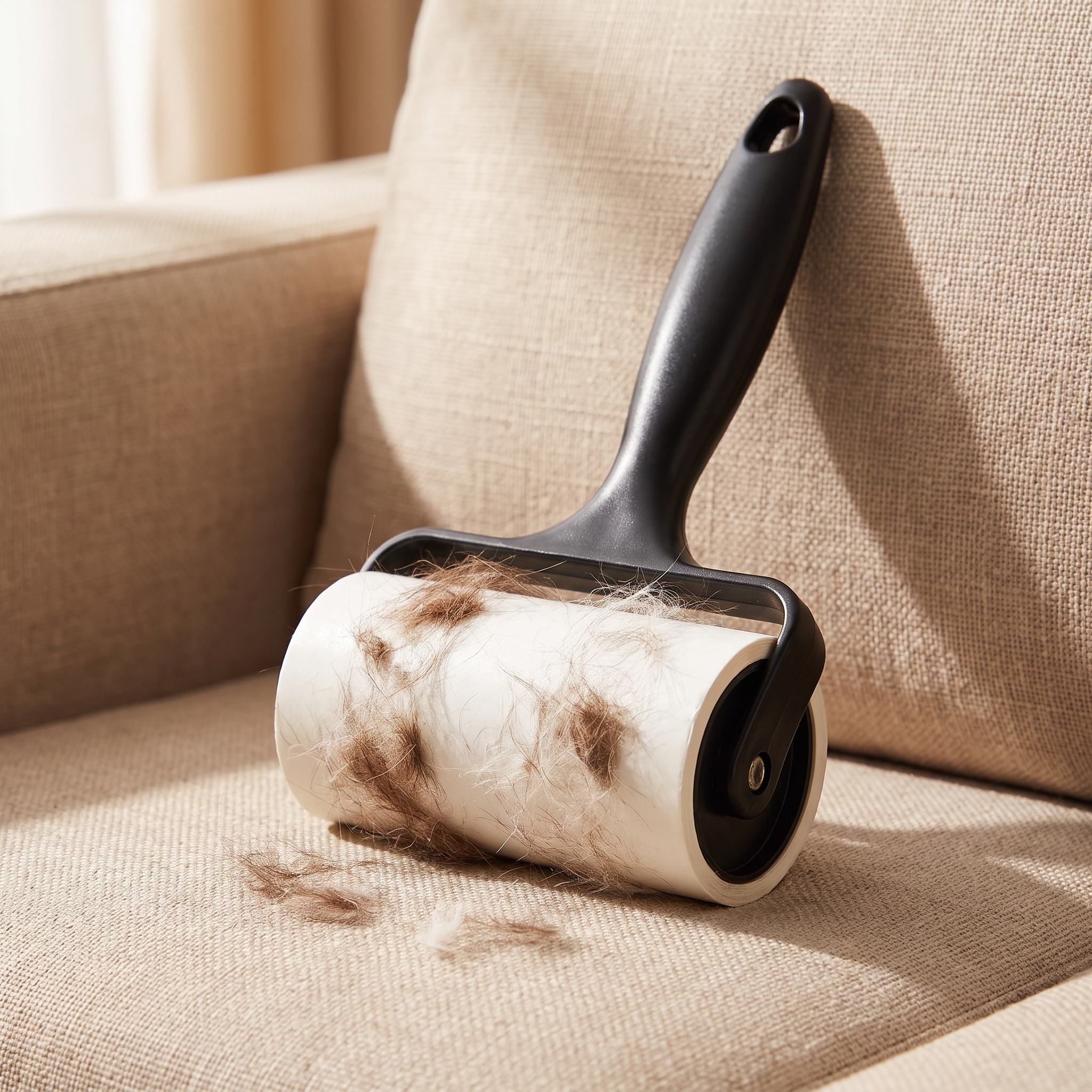 Reusable pet hair lint roller lifting pet hair from a sofa