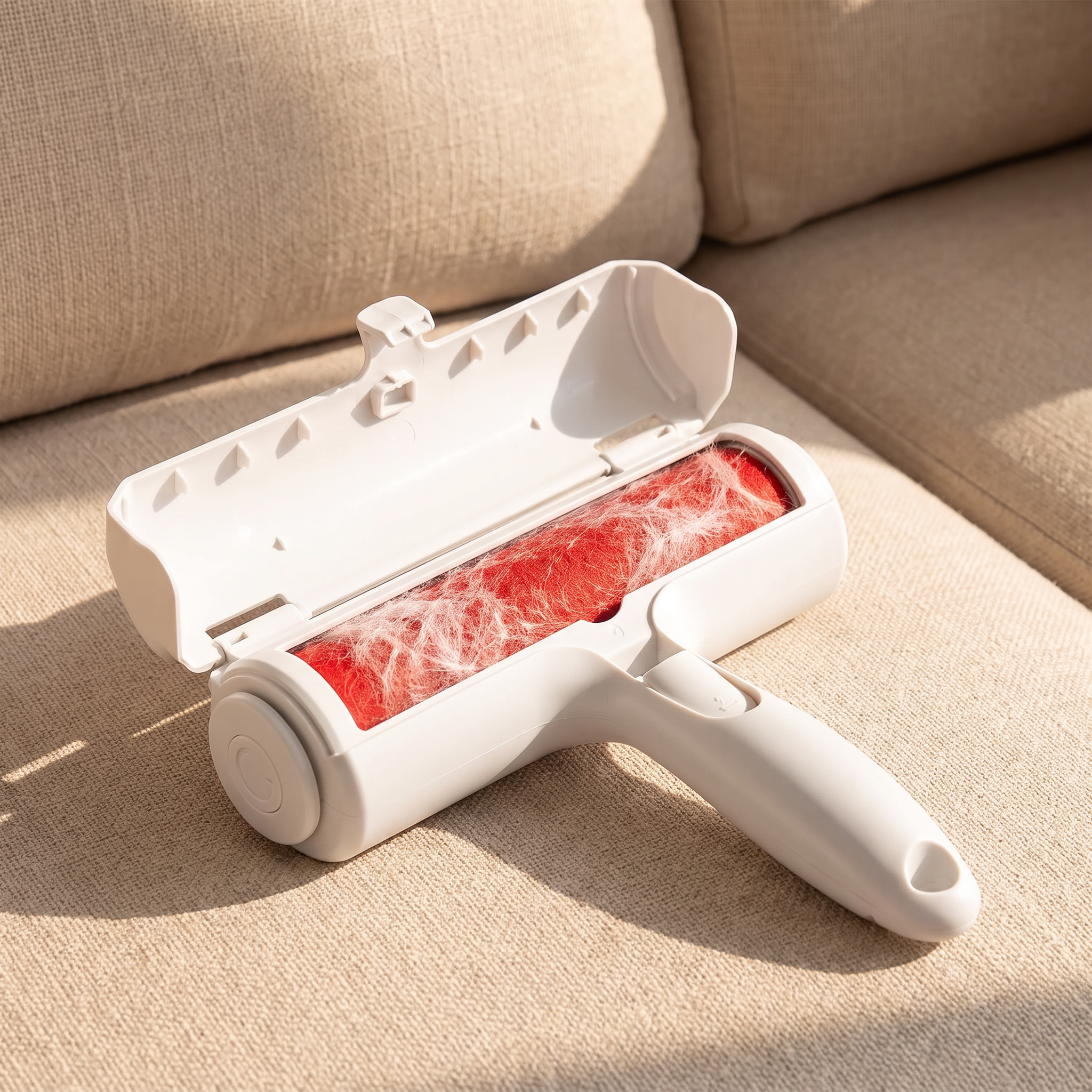 Self-cleaning pet hair remover roller on a sofa