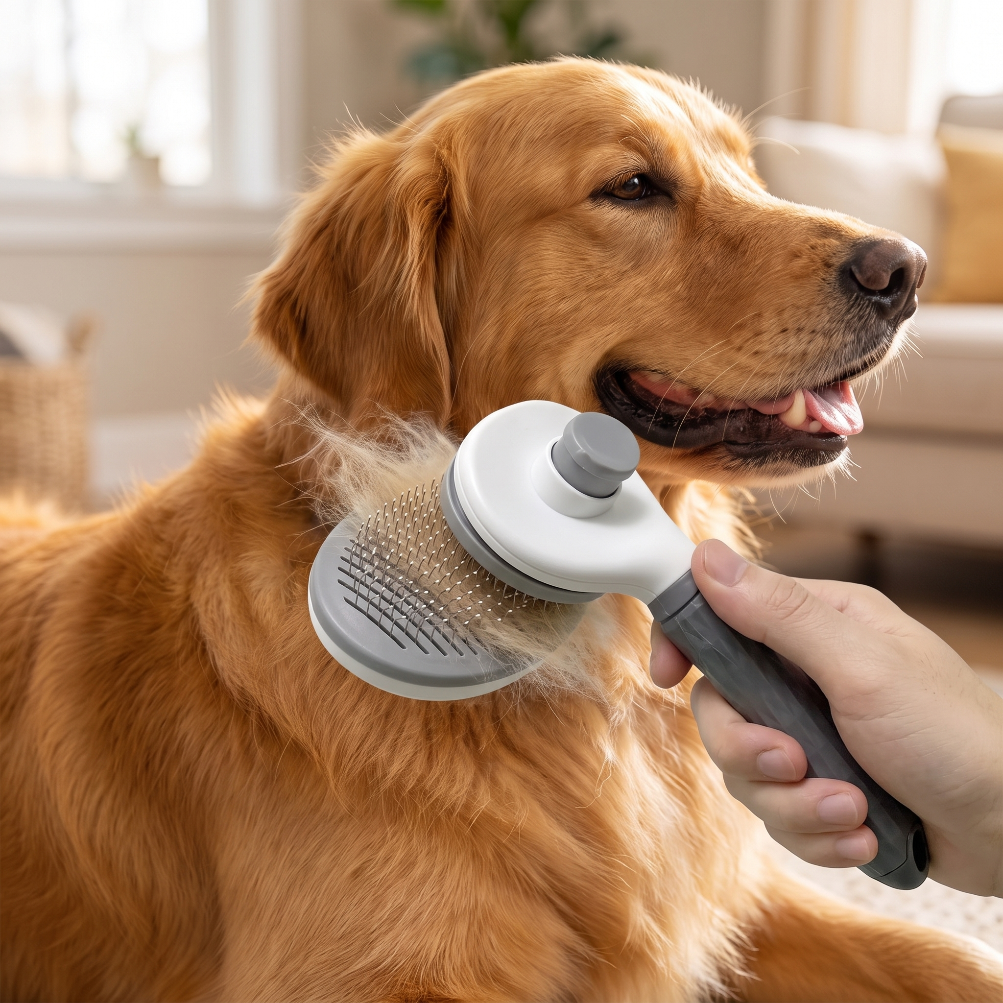 Self-cleaning pet hair removal comb being used to groom a dog