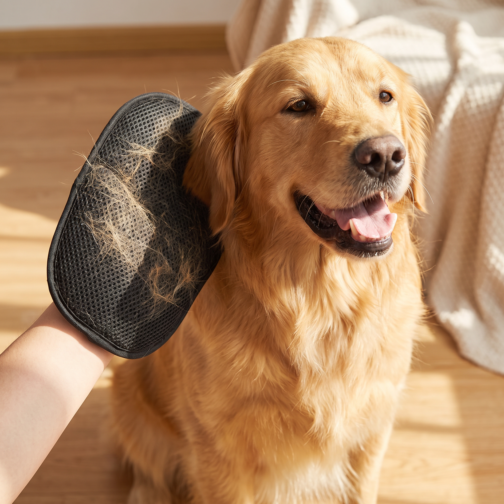 Pet hair remover glove being used to pet and deshed a dog