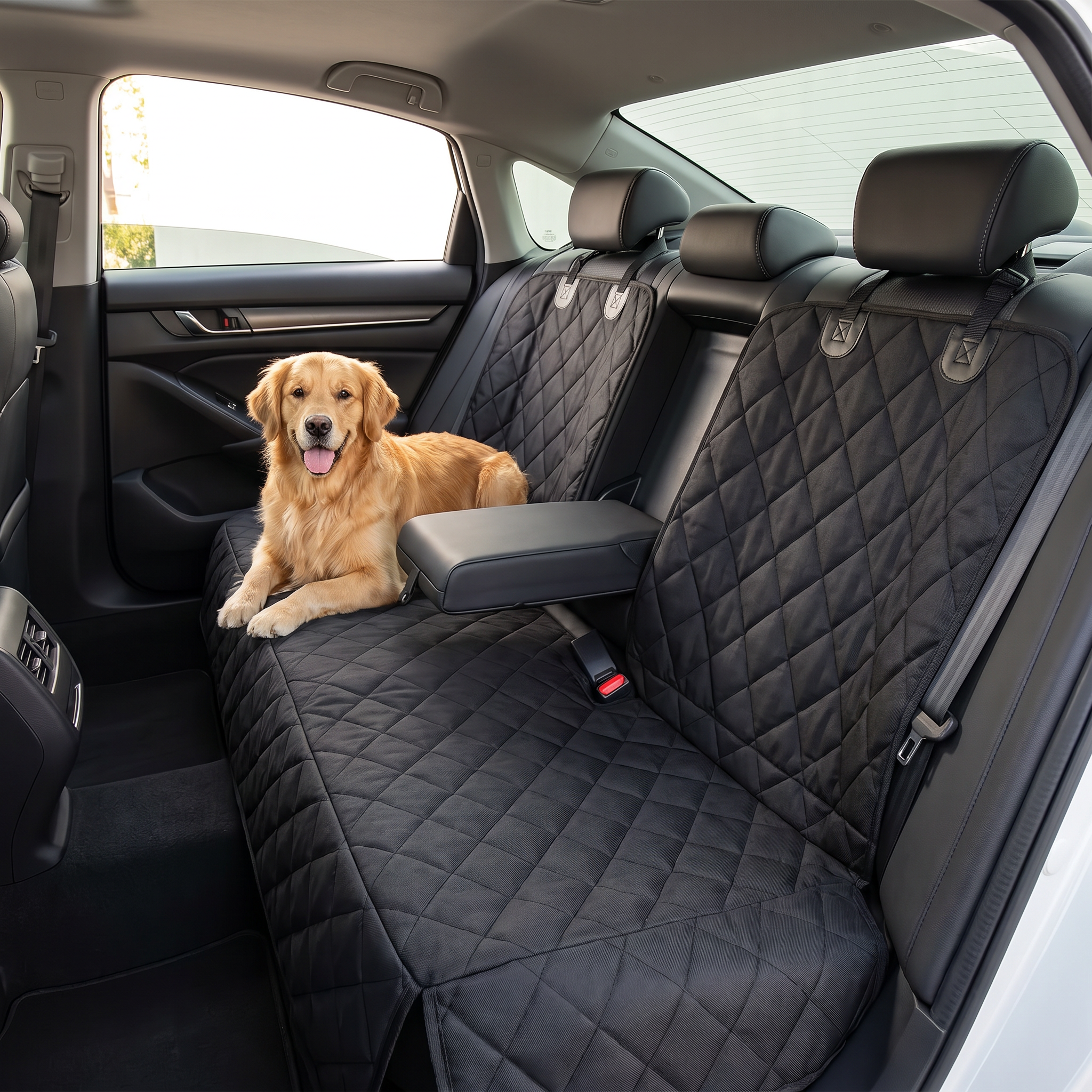 Dog lying on a mattress-style car seat cover with middle armrest