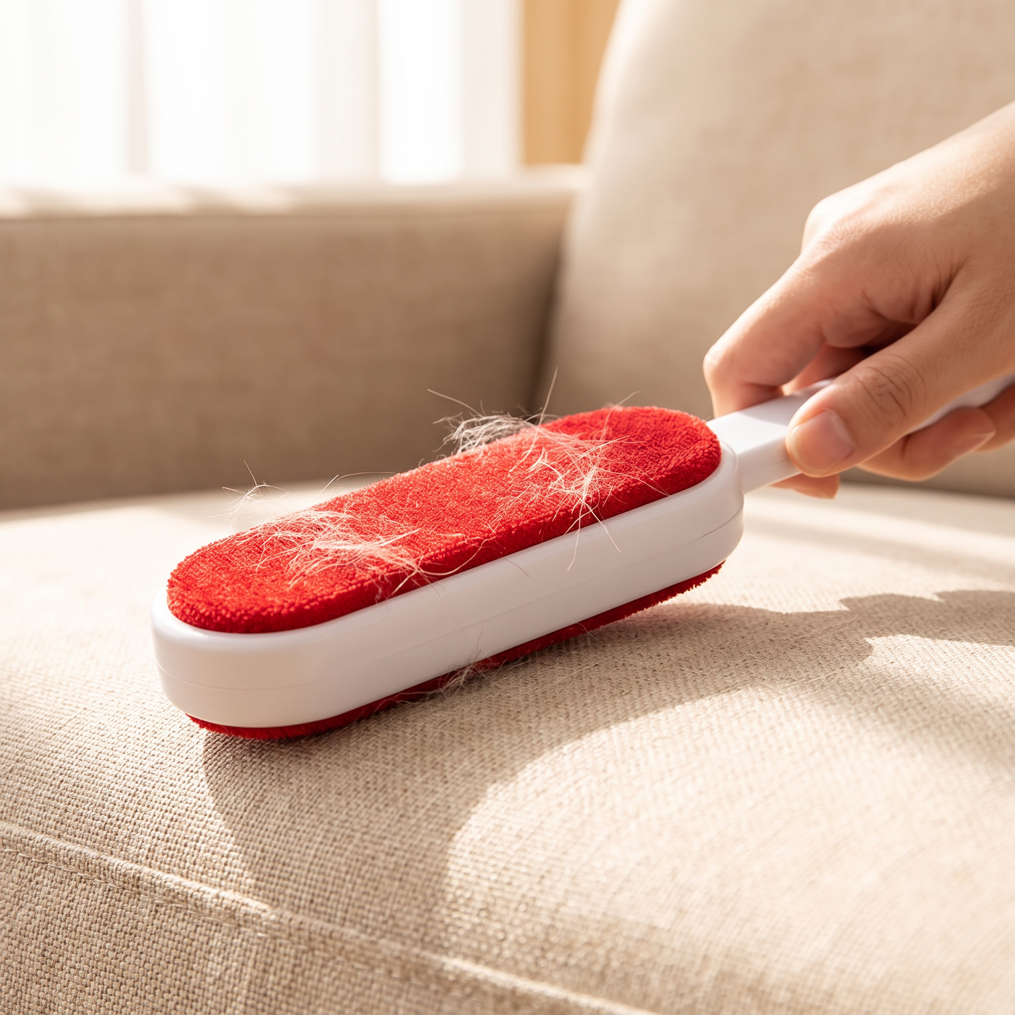 Double-sided self-cleaning lint roller being used on a sofa cushion