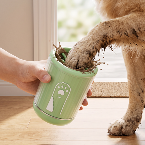 Dog's paw being washed in a pet paw cleaner cup