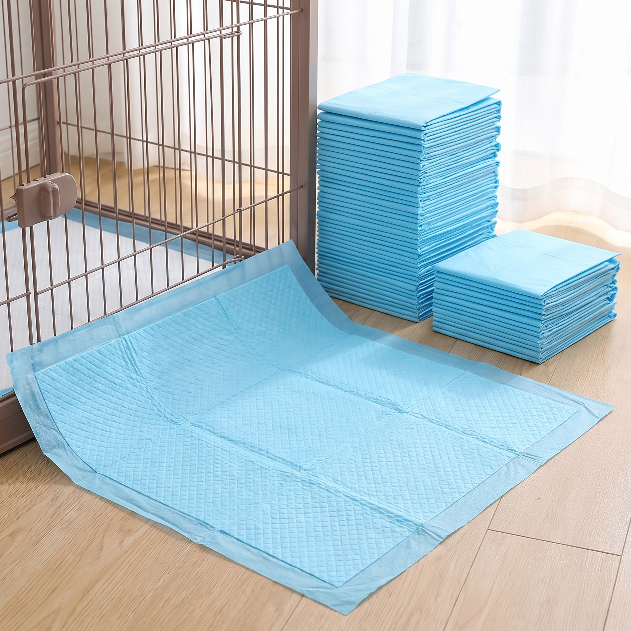 Disposable pet training pads next to a crate