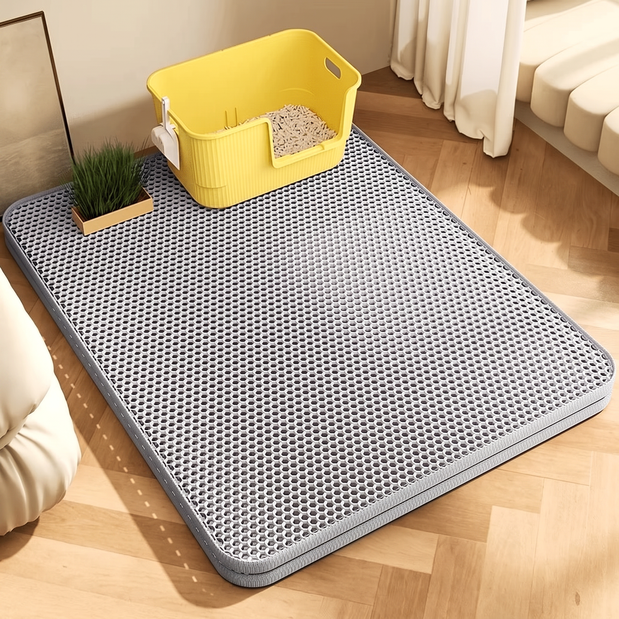 Extra large cat litter mat under a litter box