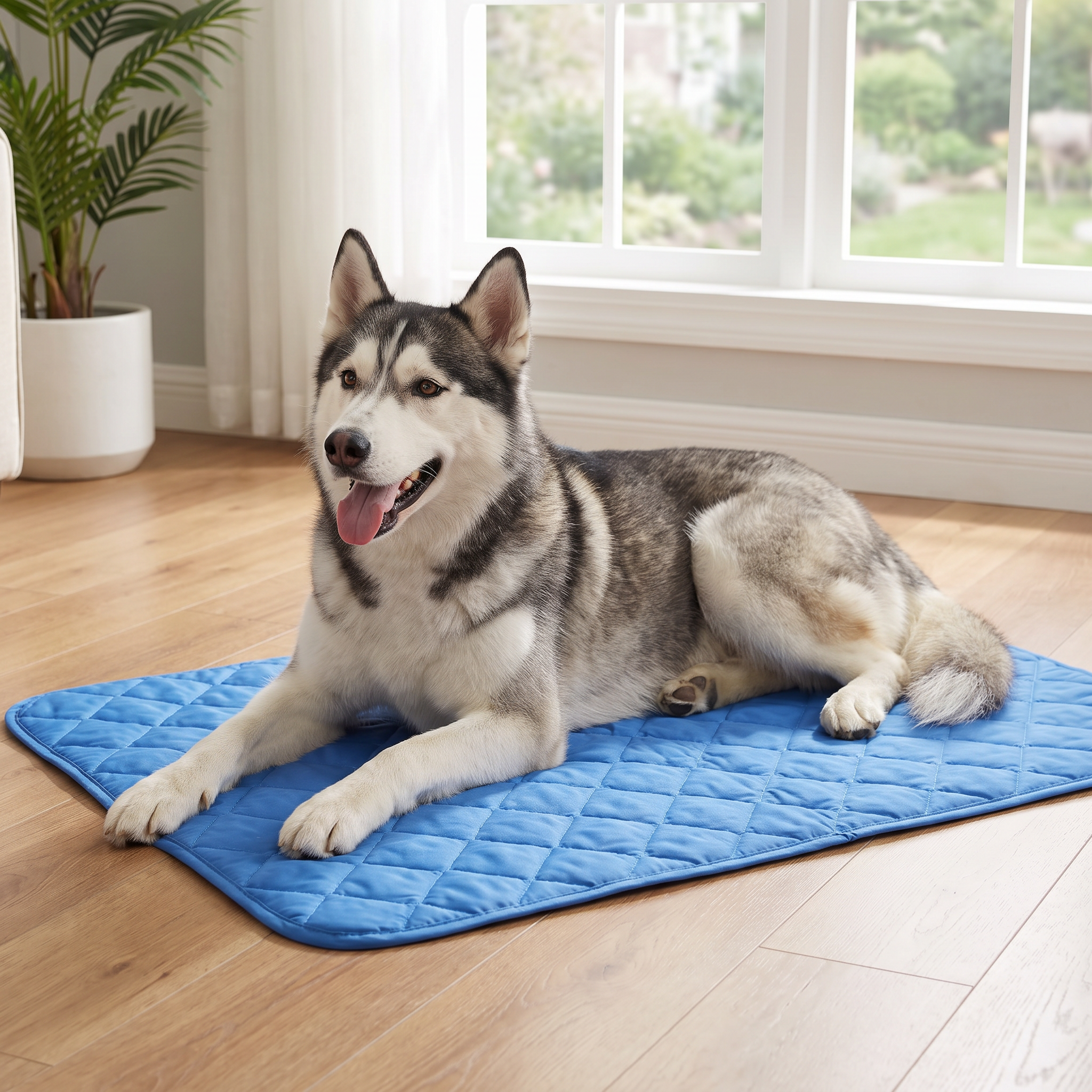 Dog lying on a self-cooling pet mat