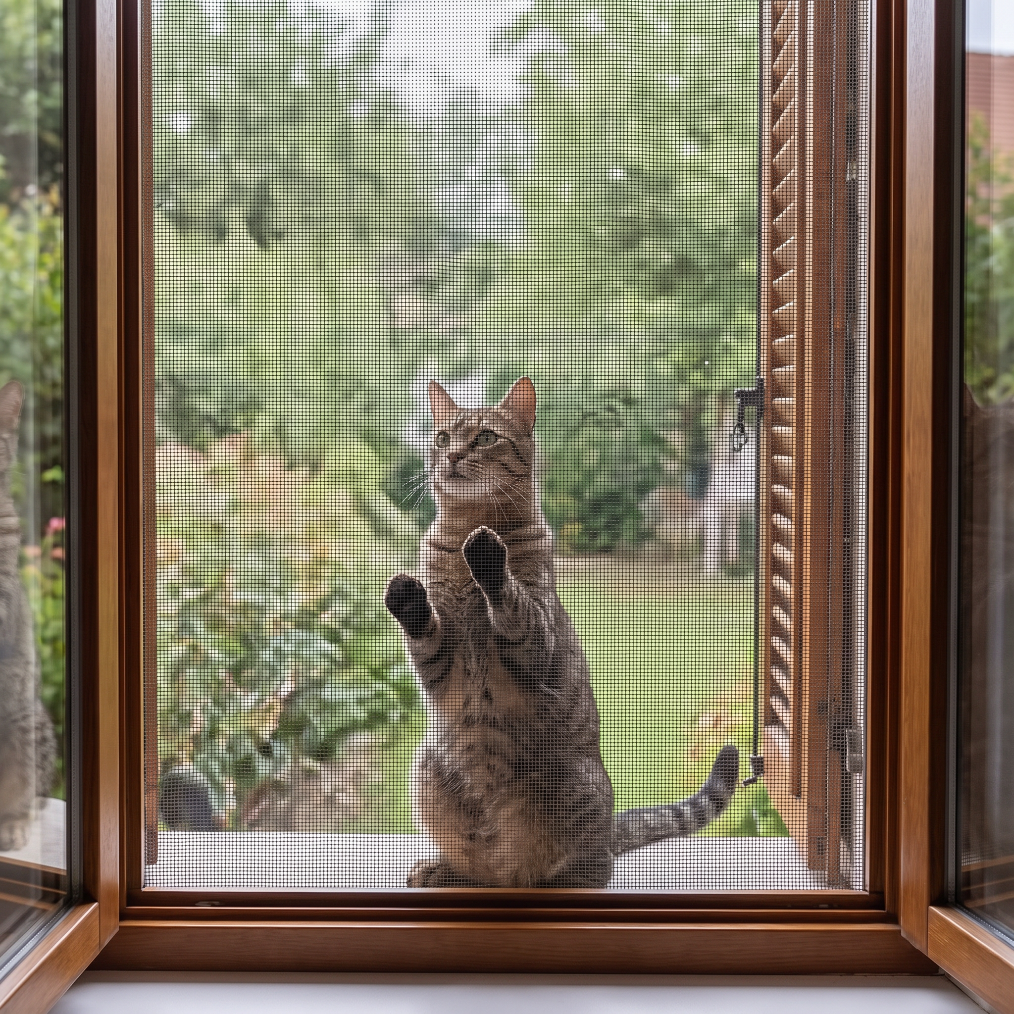 Pet-proof window screen mesh with a cat looking out