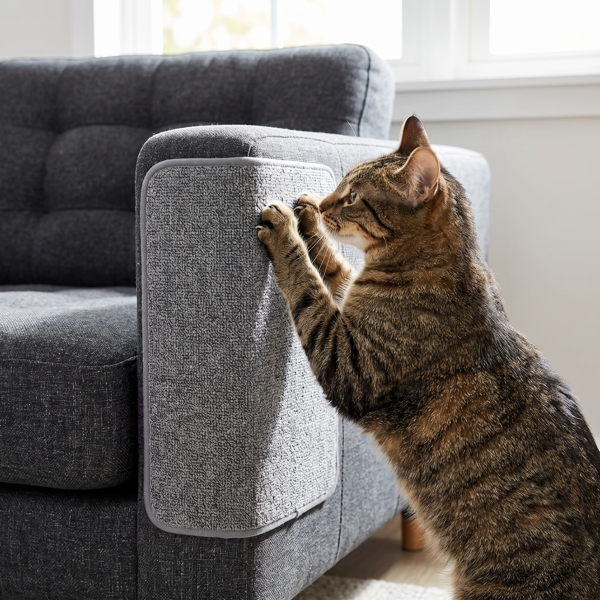 Cat scratching a self-adhesive scratch guard on a sofa corner
