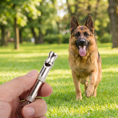 Dog whistle used outdoors with a dog running