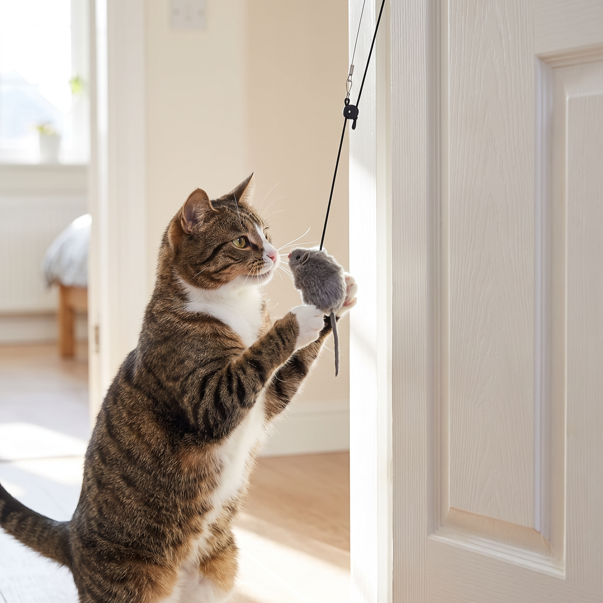 Cat playing with a door-hanging toy