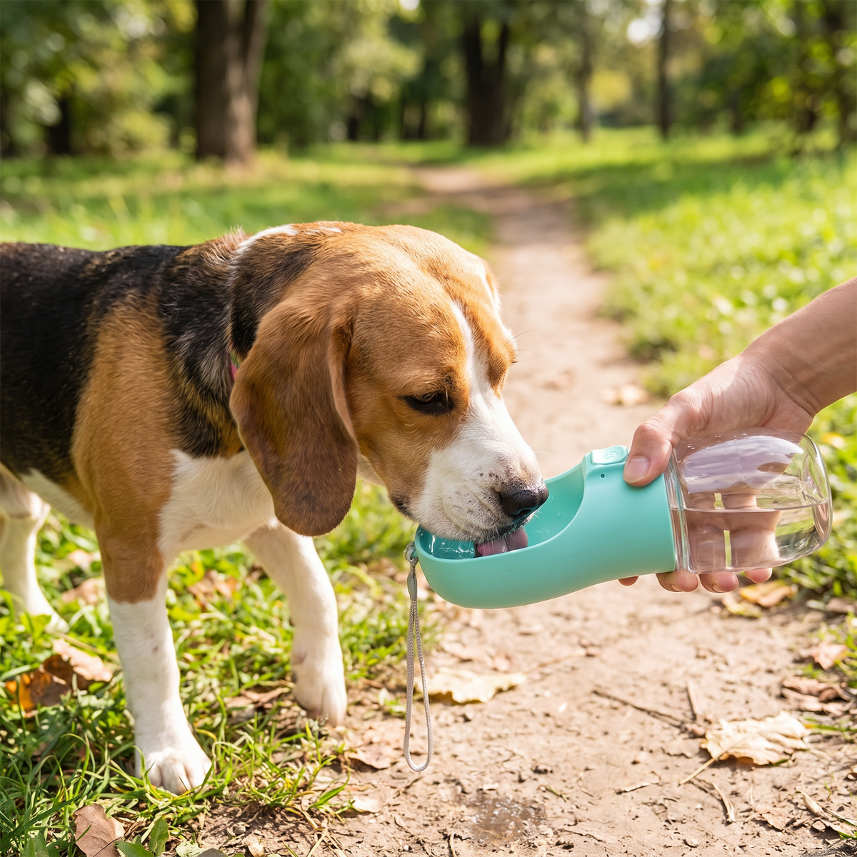Dog drinking from portable travel water bottle